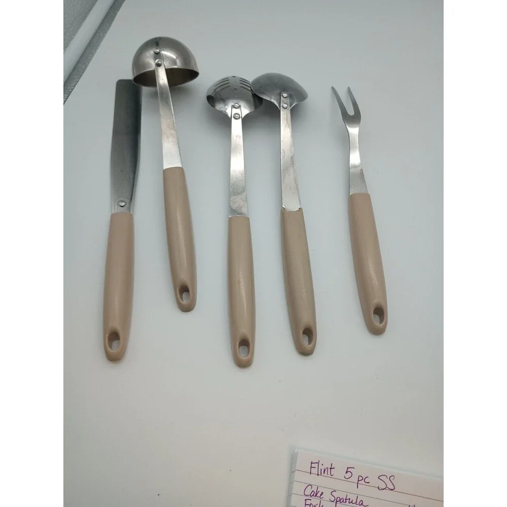 Vtg Flint Ekco Harvest Wheat Stainless 5 Piece Serving Set Slotted Spoon Ladle